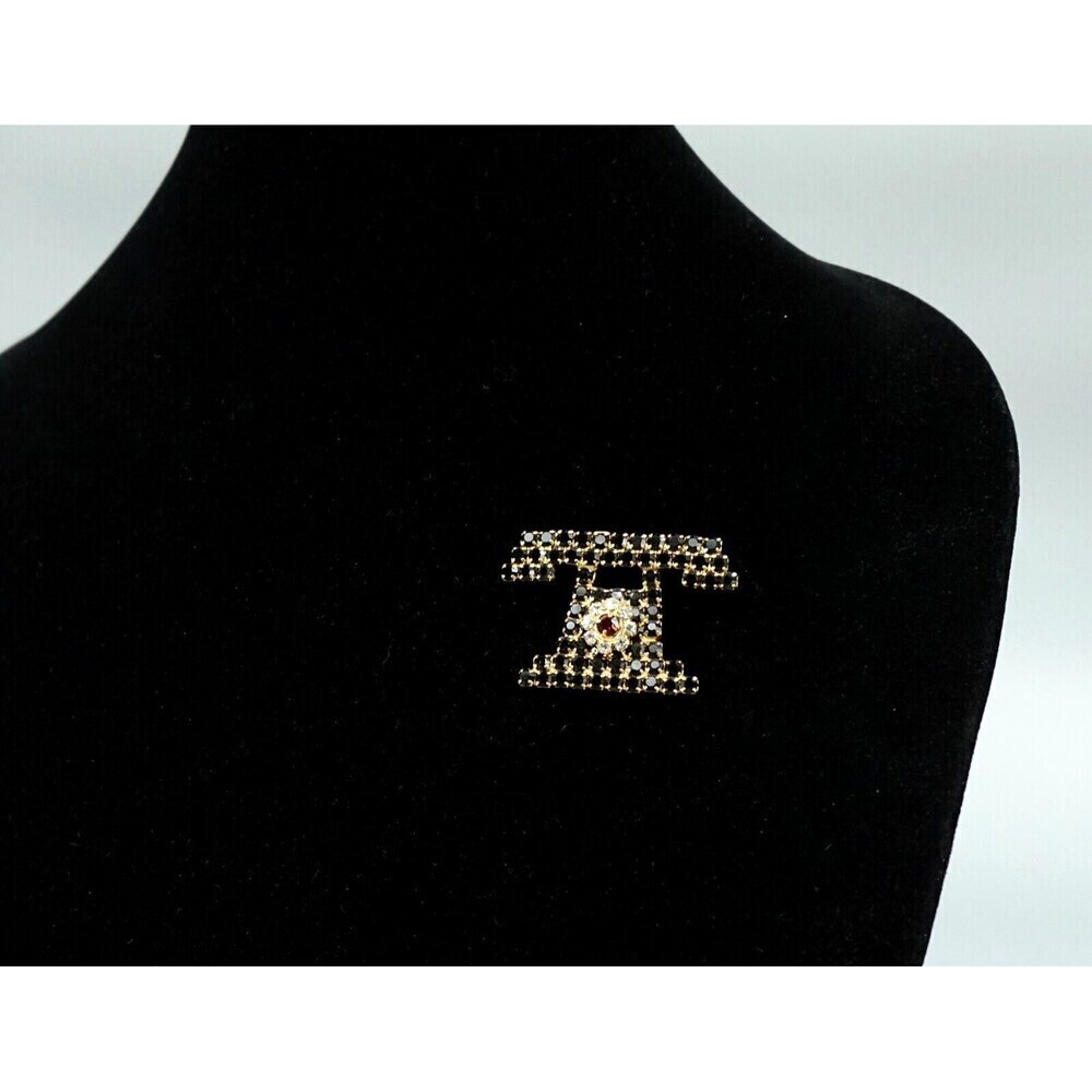 Vintage Telephone Rhinestone Brooch Black Gold Tone Rotary Old School Novelty - Picture 9 of 14